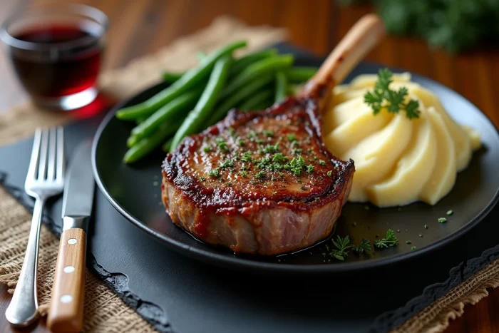 Assiette de côtelettes d'agneau avec croûte dorée aux herbes, purée et haricots verts sur une ardoise de service