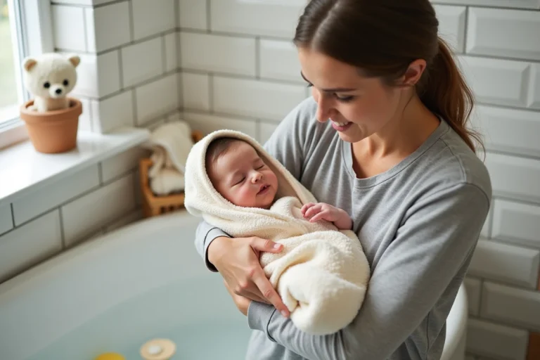 Mère tenant un bébé somnolent enveloppé dans une serviette après le bain dans une salle de bain familiale
