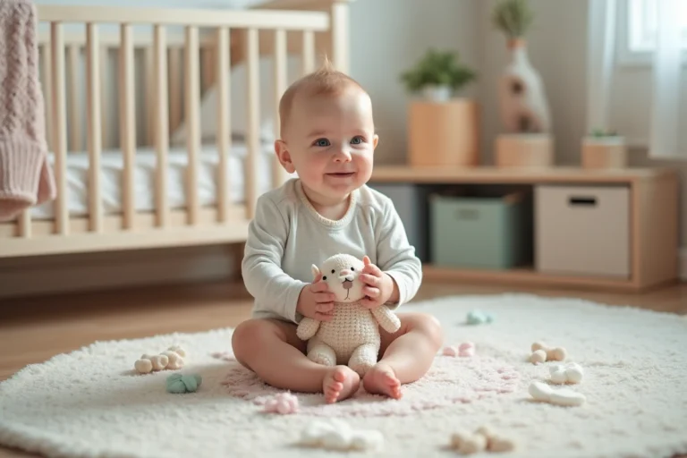 Bebe de six mois jouant avec une peluche dans une nurserie
