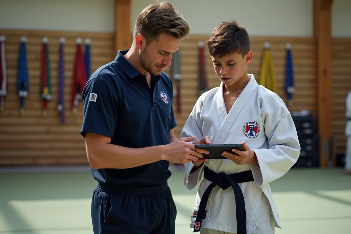 Jeune coach de judo guide un adolescent sur une tablette dans le dojo
