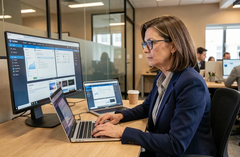 Femme professionnelle comparant des logiciels et applications sur deux écrans dans un bureau moderne