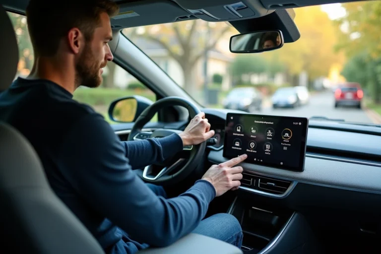 Homme en voiture utilisant un écran tactile de navigation