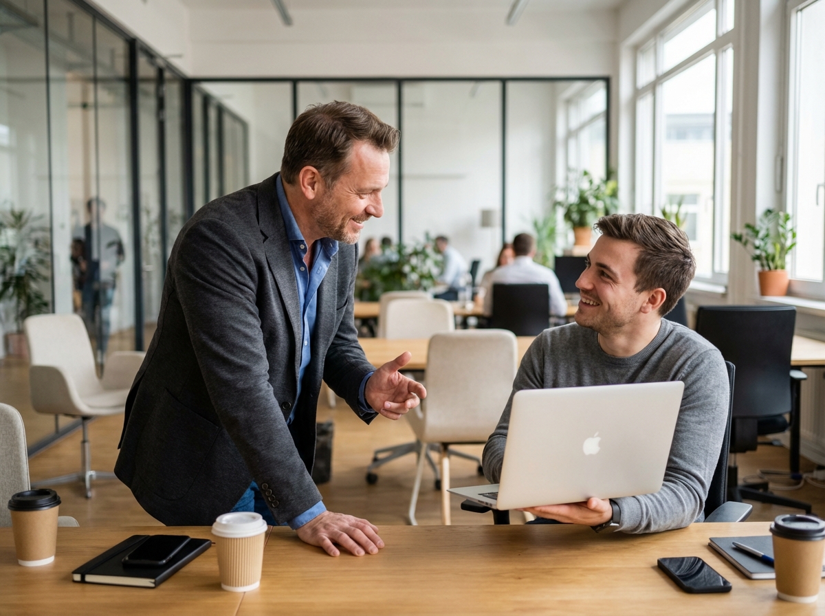 Conseiller financier et client discutant en coworking