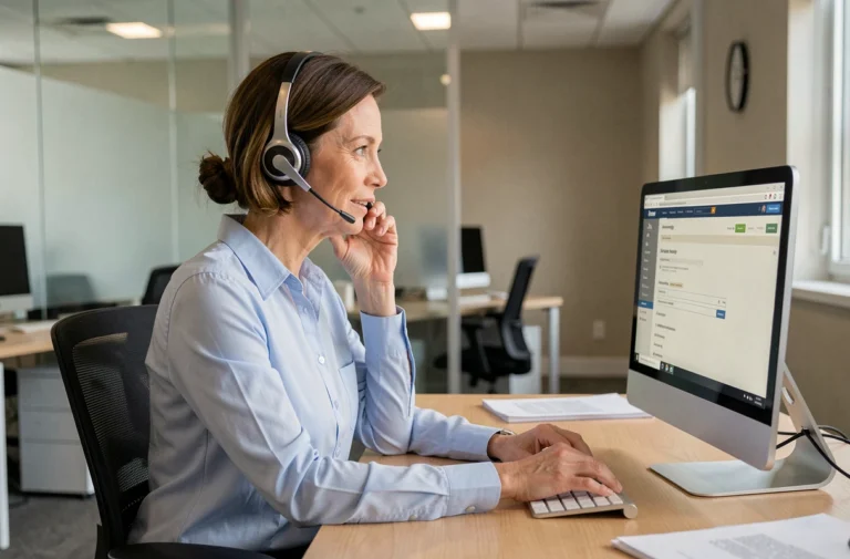 Conseillère ANTS en train de répondre à un appel téléphonique depuis son bureau pour aider un usager dans ses démarches administratives