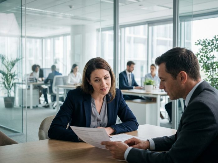 Femme consultant un conseiller bancaire pour regrouper ses crédits et alléger ses mensualités dans une agence moderne