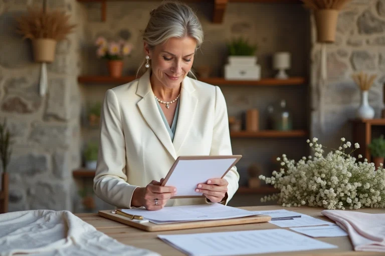 Coordinatrice de mariage passant en revue les détails d'une organisation sur-mesure dans un atelier décoré avec des échantillons de tissus et des compositions florales