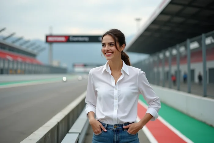 Copine d'un pilote de MotoGP souriante près des paddocks d'un circuit de course automobile, histoire d'amour hors piste