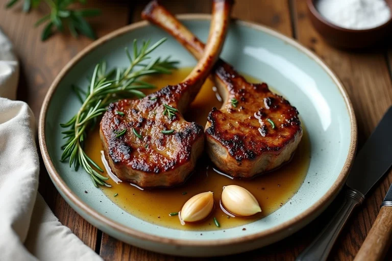 Côtelettes d'agneau dorées servies sur une assiette en céramique rustique avec romarin frais et ail rôti