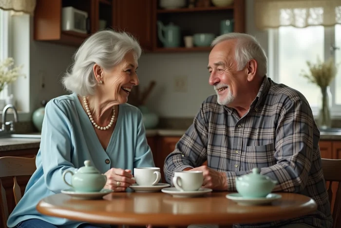 Couple âgé partageant un thé dans une cuisine vintage, évoquant des décennies de vie commune et un mariage record de longévité