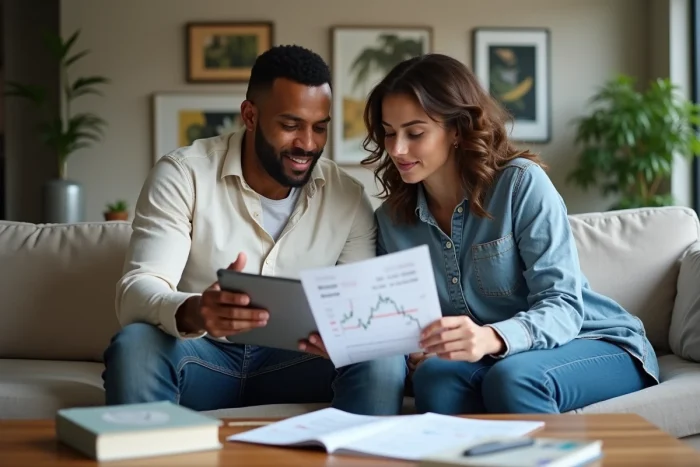 Couple de jeunes adultes étudiant ensemble des documents d'investissement boursier dans leur salon pour débuter en finance