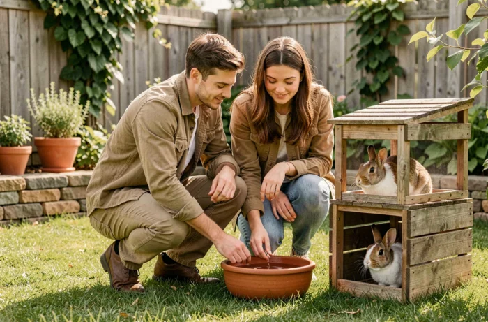 Couple s'occupant de leur lapin dans le jardin, en lui apportant de l'eau fraîche près de son enclos