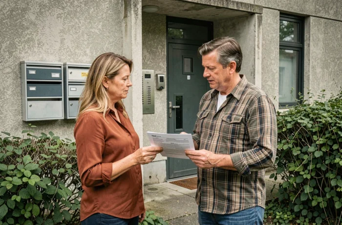 Couple de locataires discutant des clauses de leur bail HLM devant l'entrée de leur immeuble