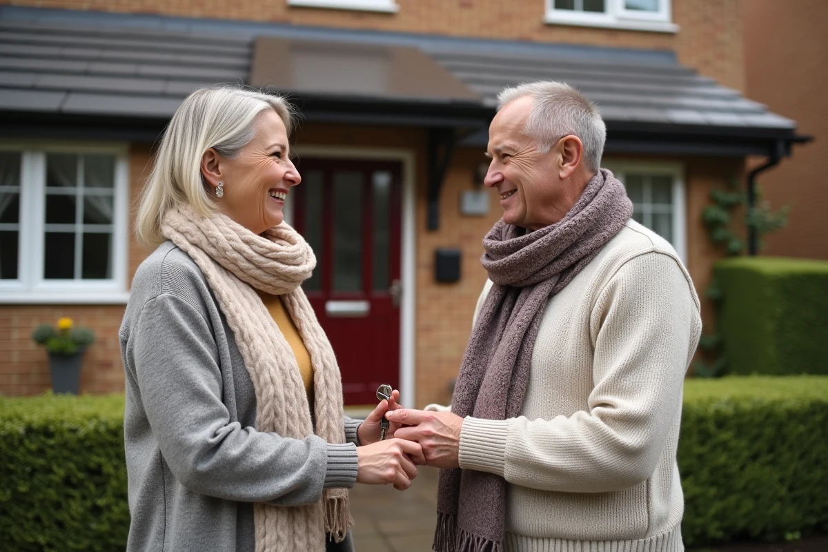 Couple heureux échangeant des clés devant leur maison