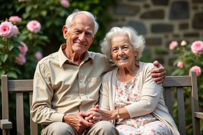 Couple de personnes âgées tenant la main dans un jardin fleuri, symbole d'un mariage centenaire et d'une vie partagée