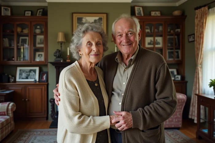 Vieux couple enlacé dans un salon rempli de photos de famille illustrant une longue histoire d'amour et de mariage exceptionnel