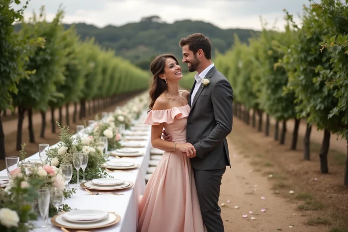 Couple de mariés souriants devant une table de réception décorée avec soin dans un vignoble provençal lors d'un mariage personnalisé en plein air