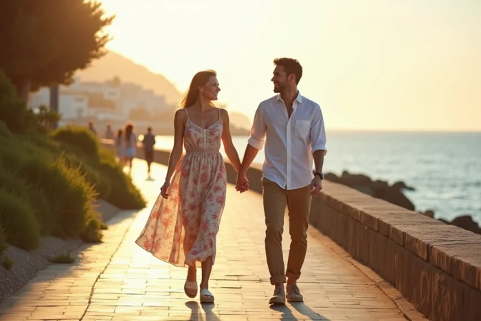 Couple romantique marchant main dans la main sur une promenade côtière, vie privée et amour hors circuit d'un pilote de course
