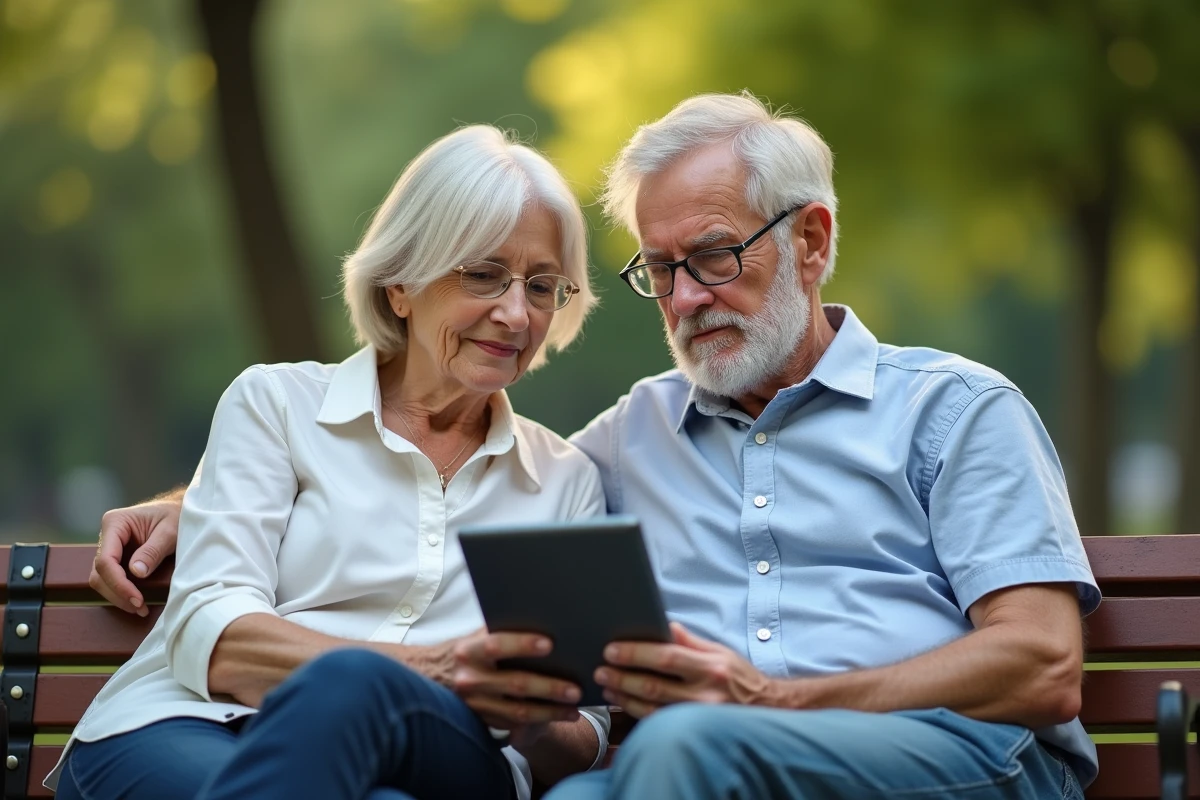 Couple senior discute en regardant une tablette dans un parc