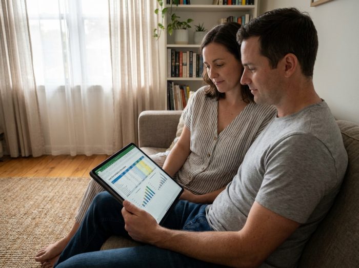 Couple examinant ensemble une simulation de regroupement de prêts sur tablette dans leur salon, cherchant à réduire leurs mensualités