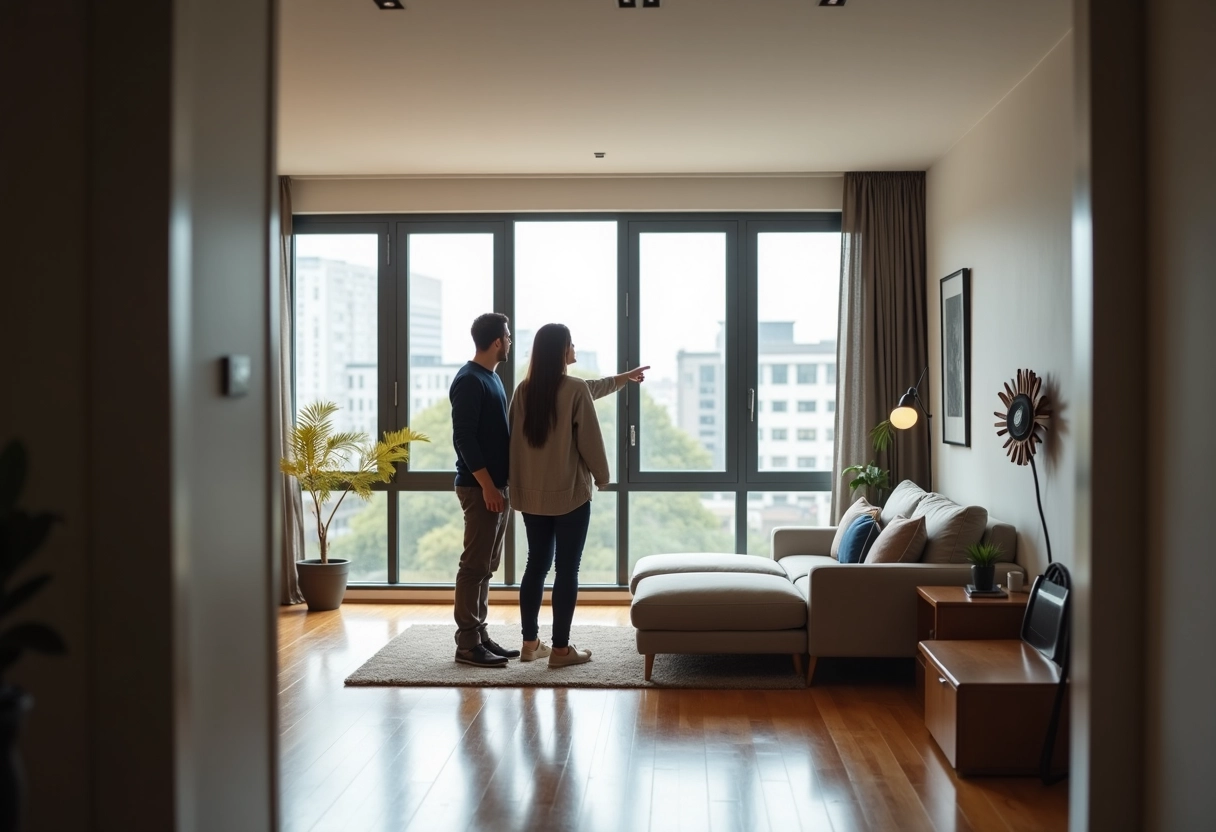 Jeune couple explorant un appartement avec un agent immobilier souriant