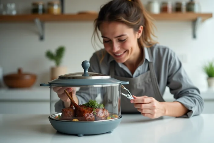 Femme préparant des côtelettes d'agneau dans un Cookeo ouvert sur un plan de travail de cuisine moderne