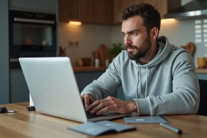 Homme effectuant les démarches de carte grise en ligne depuis son domicile sur un ordinateur portable
