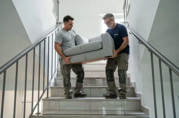 Deux déménageurs portant un canapé dans l'escalier d'un immeuble lors d'un déménagement