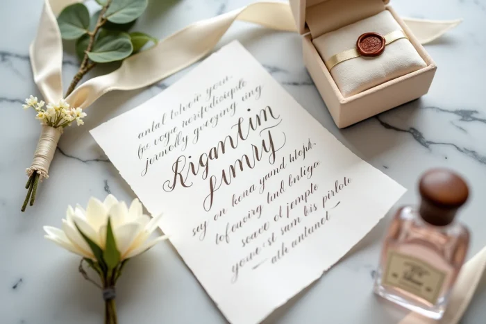 Détail d'accessoires de mariage personnalisés sur marbre incluant une invitation calligraphiée, une boutonnière florale et un écrin en velours crème