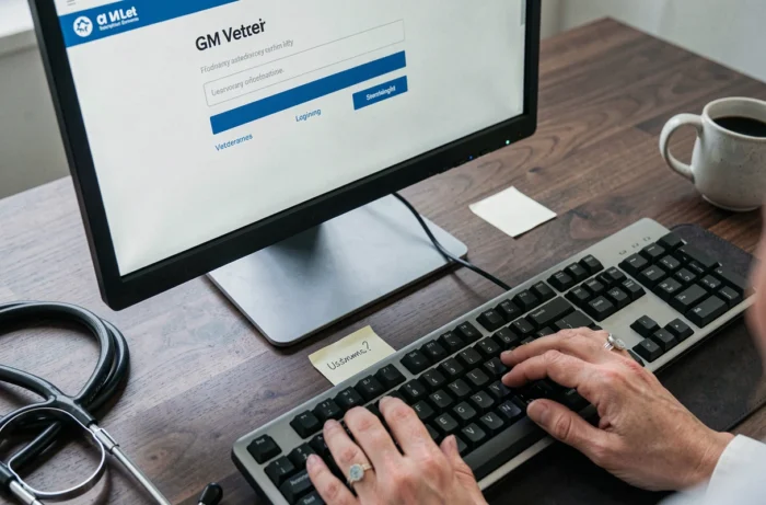 Gros plan sur l'écran de connexion du logiciel GM Vet 1 avec les mains d'une vétérinaire sur le clavier