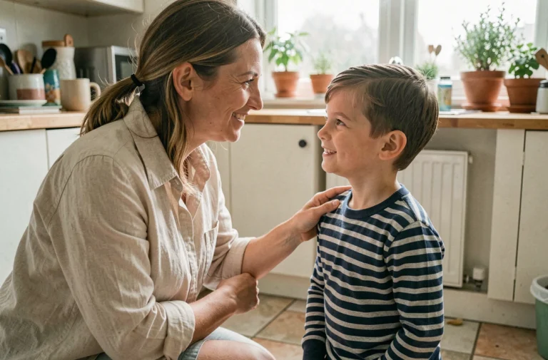 Mère pratiquant l'éducation positive avec son jeune fils dans une cuisine familiale chaleureuse, échangeant un regard bienveillant à hauteur d'enfant