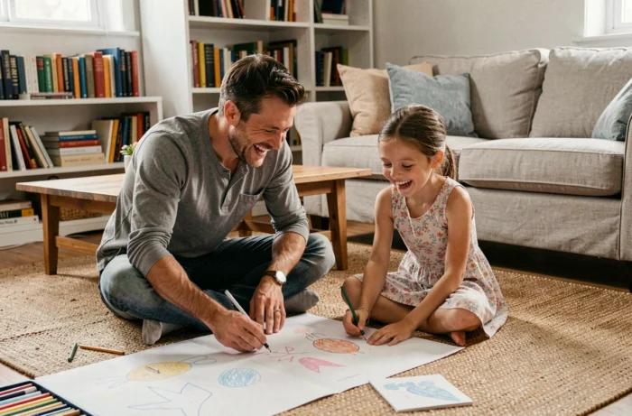 Père et fille partageant une activité créative de dessin sur le sol du salon, illustrant les principes de l'éducation positive au quotidien