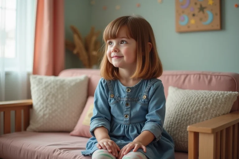Jeune fille souriante assise sur un banc dans un salon cosy