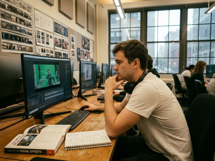 Étudiant en école de cinéma apprenant les techniques d'effets spéciaux visuels en salle informatique