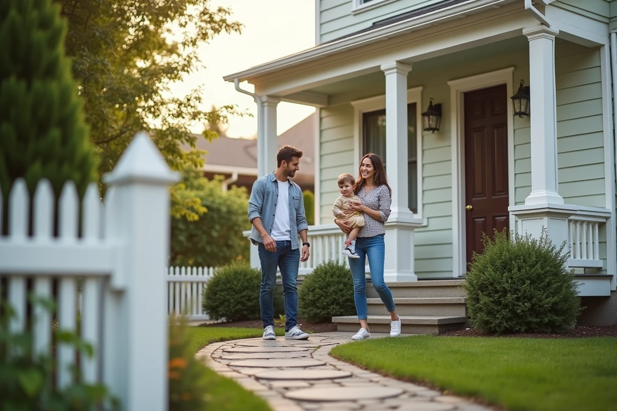 Famille heureuse devant une maison de banlieue accueillante