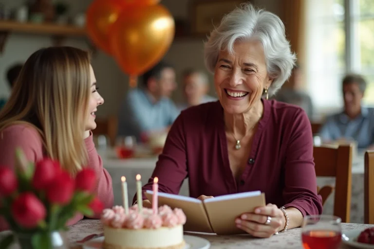 Femme de 60 ans qui rit en lisant une carte d'anniversaire humoristique entourée de ballons et de fleurs