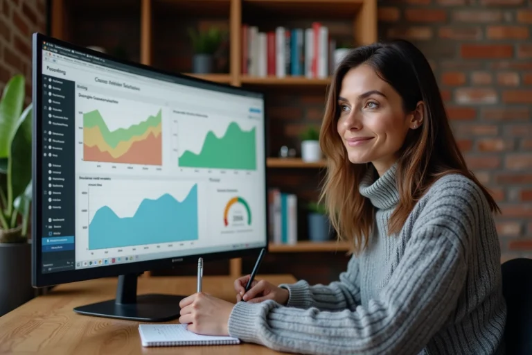 Femme professionnelle analysant des ressources web et des données analytiques sur un grand écran d'ordinateur dans un bureau moderne