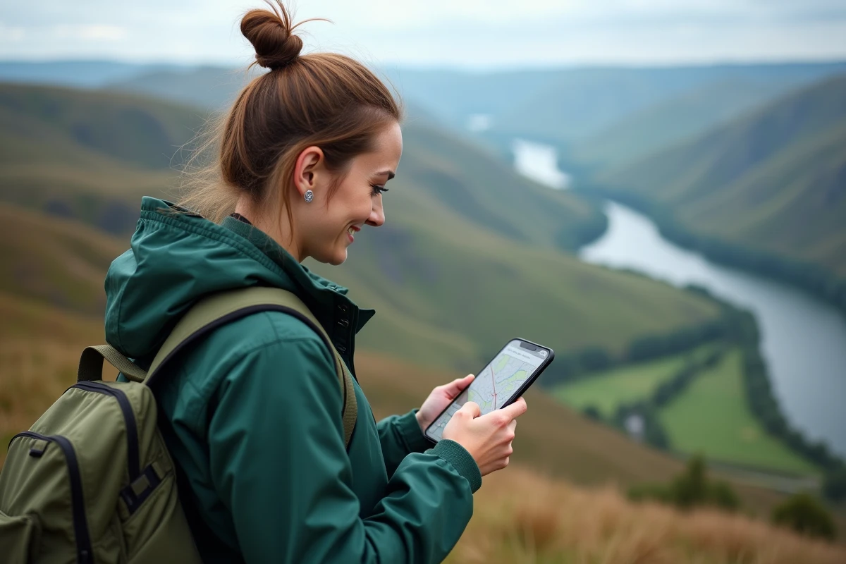 Femme vérifiant la carte Géoportail sur smartphone en nature