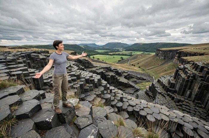 Femme debout sur des formations de basalte volcanique du Massif Central avec une vue panoramique sur les vallées vertes de France