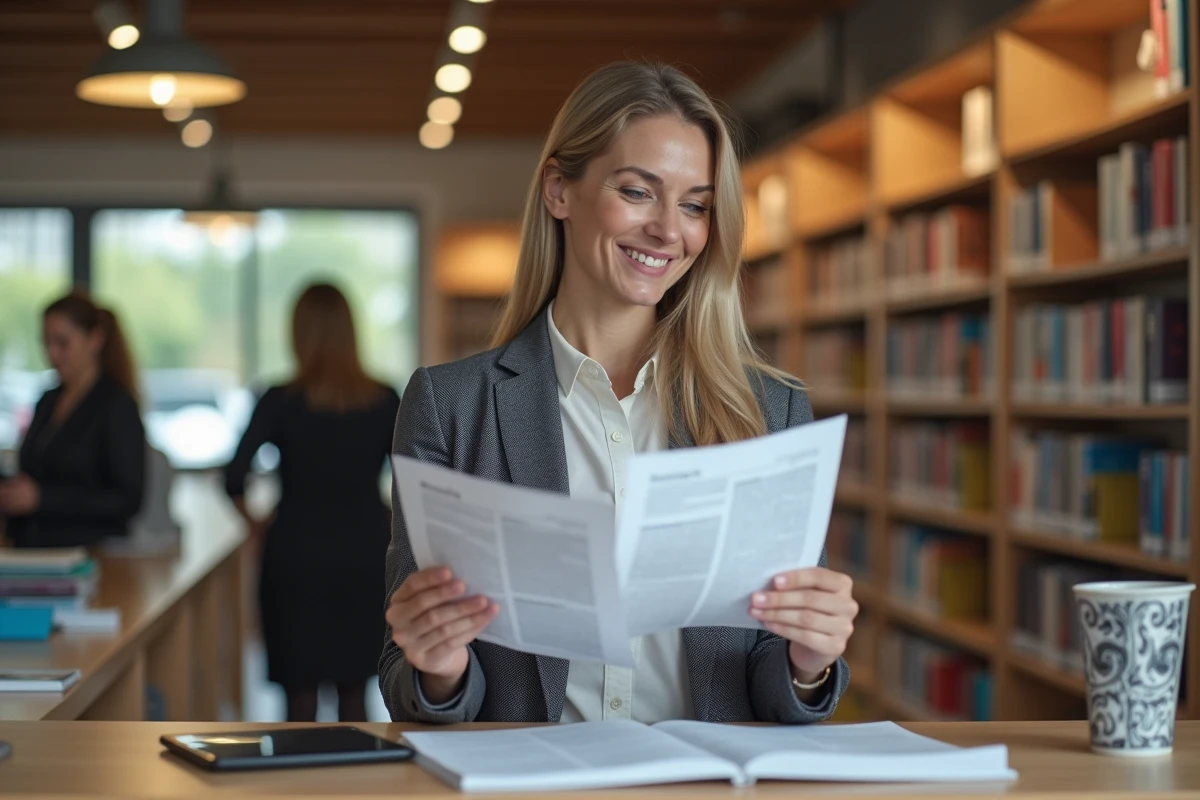 Femme à la bibliothèque compare des documents