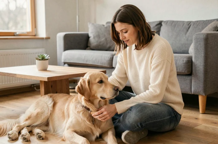 Femme qui brosse son golden retriever dans un salon cosy, illustration du soin et de l'accueil des animaux de compagnie