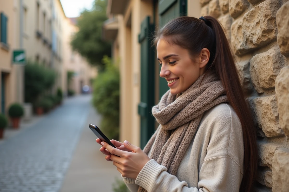 Jeune femme utilisant son smartphone dans un village français