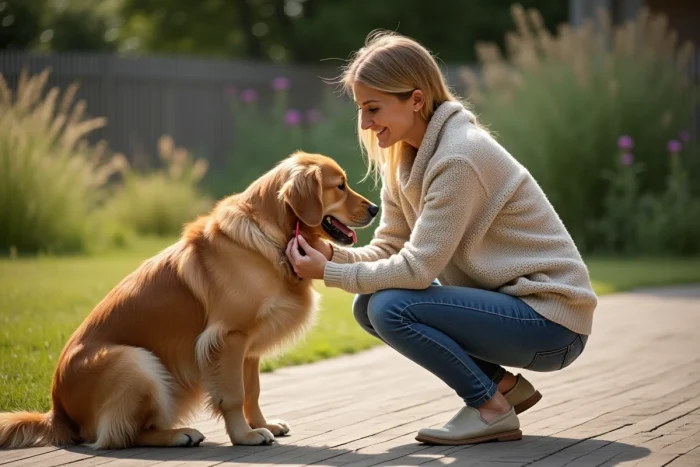 Femme caressant un golden retriever sur une terrasse ensoleillee