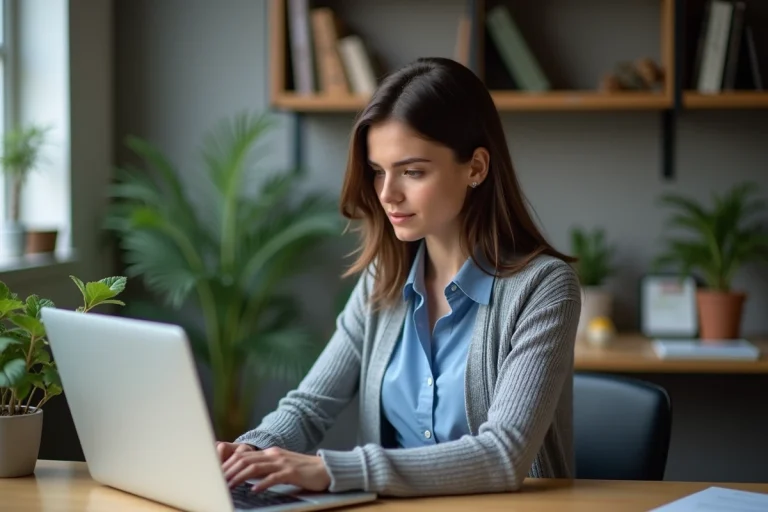 Jeune femme concentrée travaillant sur son ordinateur en bureau