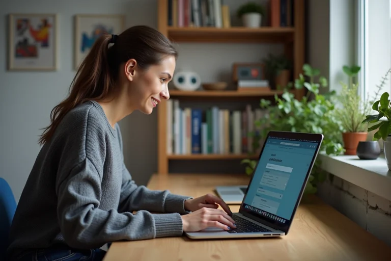 Femme au bureau utilisant un ordinateur pour naviguer sur eMule