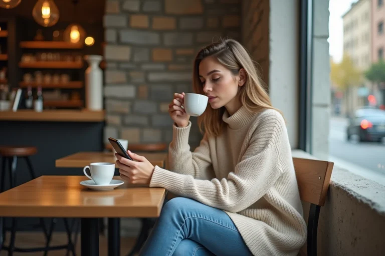 Femme détendue buvant un café en café moderne