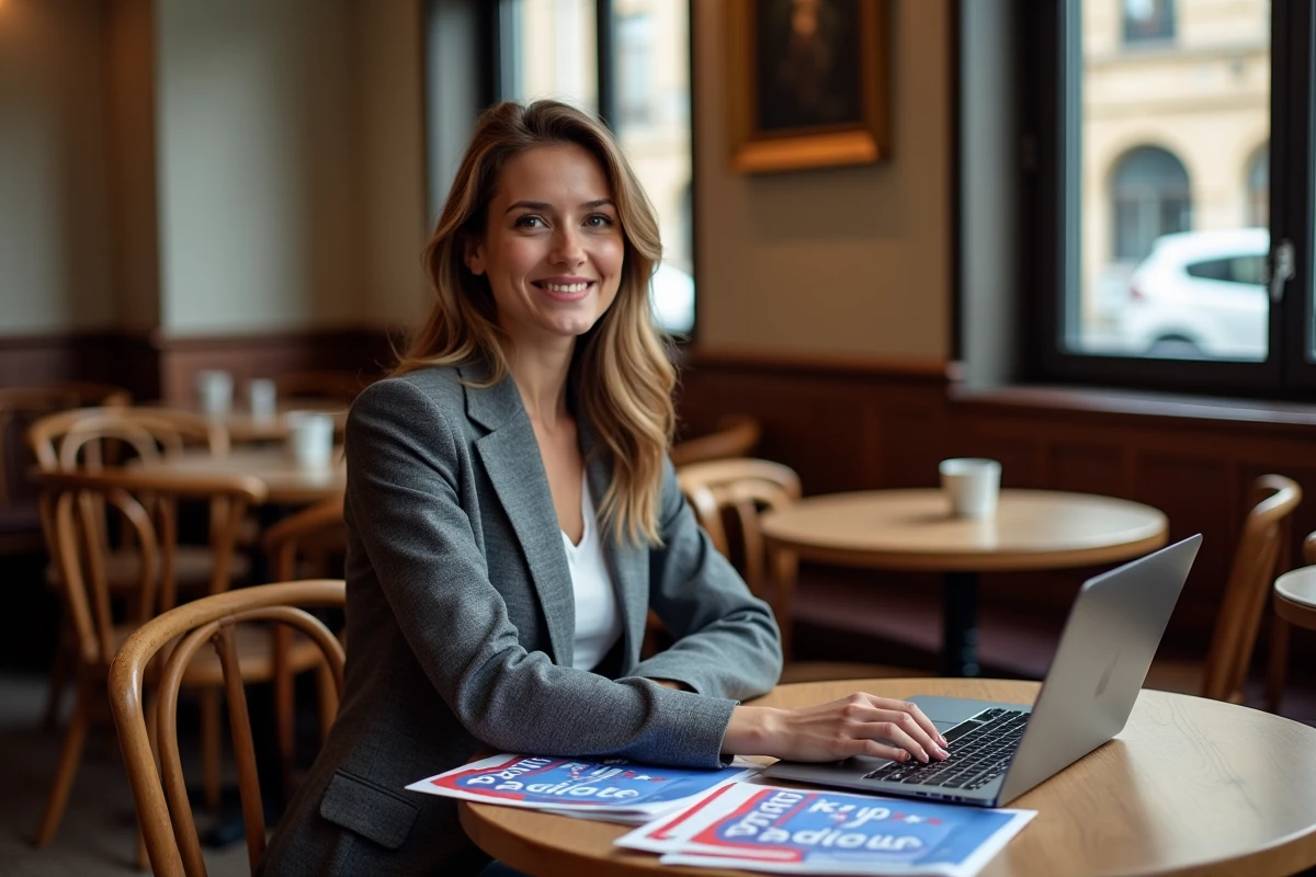 Jeune femme politique travaillant dans un café moderne