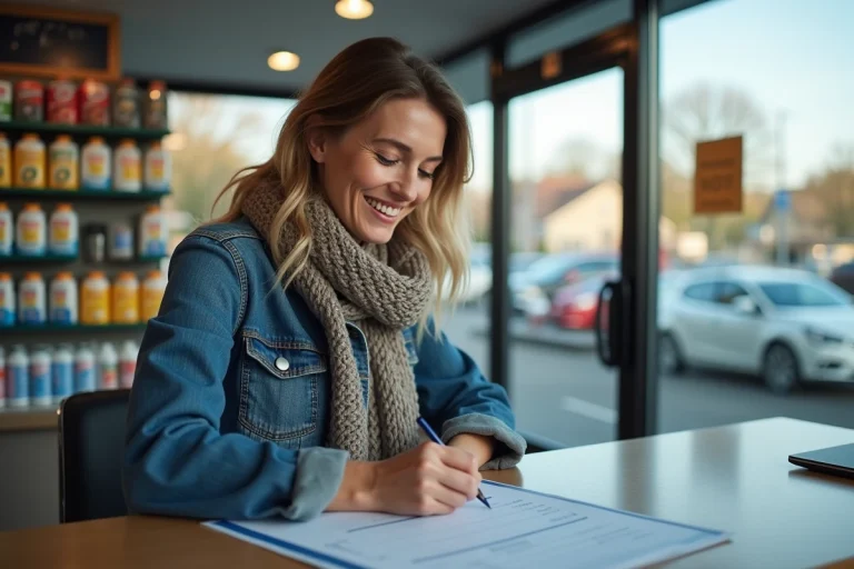 Femme souriante écrivant un cheque dans une station essence