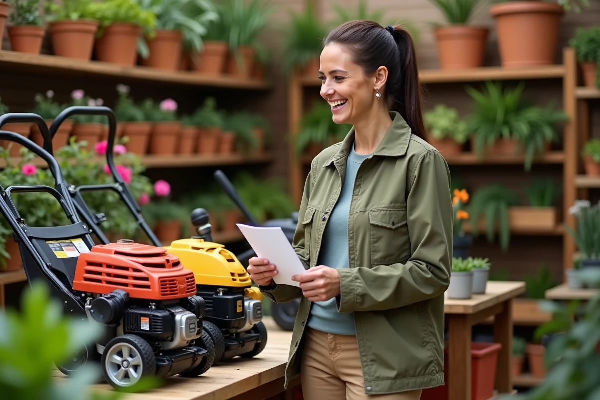 Femme souriante comparant deux broyeurs de jardin en magasin