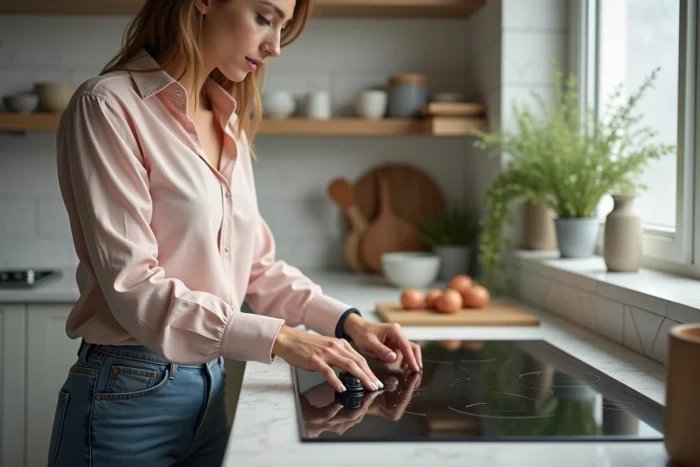 Femme en blouse contrôle la sécurité d'une plaque de cuisson moderne