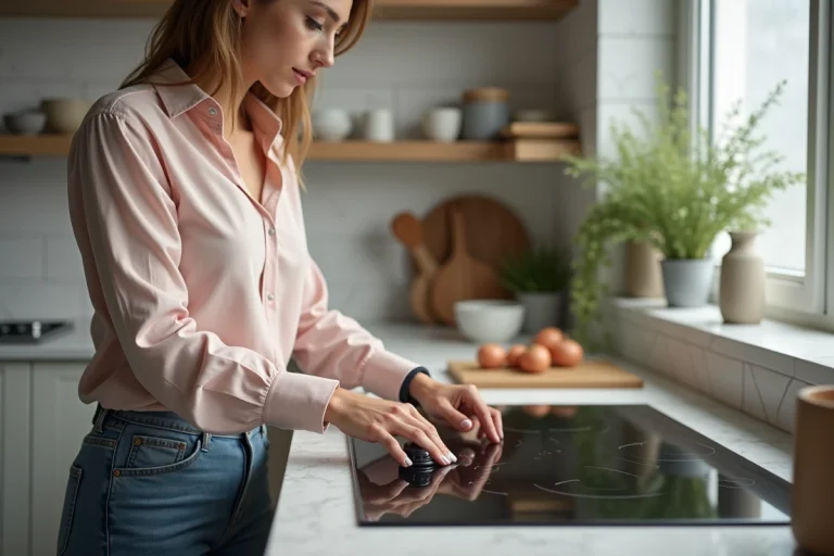 Femme en blouse contrôle la sécurité d'une plaque de cuisson moderne